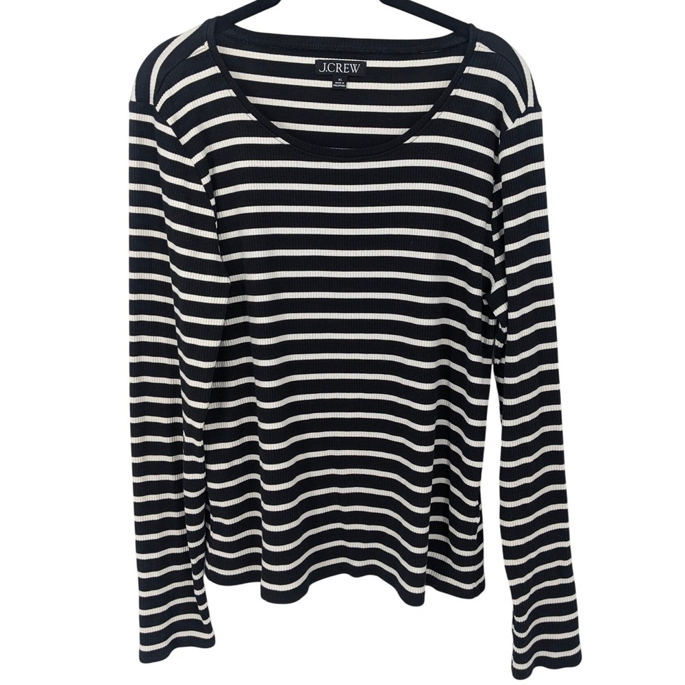 J Crew Ribbed Top Womens‎ XL Black White Striped Long Sleeve Scoop Neck Casual